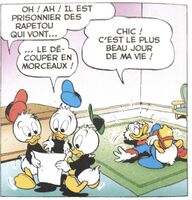 Und auch Dagobert zeigt wenig Mitgefühl! (aus Karneval der Wirrungen, LTB Enten-Edition 52. Etwa: Neffen: «Donald ist Gefangener der Panzerknacker sie werden ihn in Stücke reißen!» Dagobert: «Cool! Der schönste Tag meines Lebens!» In der deutschen Übersetzung wurde die Szene entschärft.)