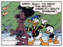 Im Land der viereckigen Eier Letztmalige Erwähnung von Burbank als Donalds Heimat bei Barks (© Disney)