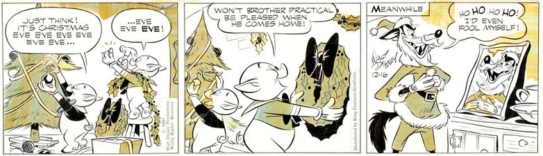 Ede Wolf zum ersten Mal im Weihnachtsmannkostüm. Es ist nicht bekannt, ob, abgesehen von den drei erhaltenen Strips, noch weiteres Originalmaterial der Geschichte existiert. (© Disney)
